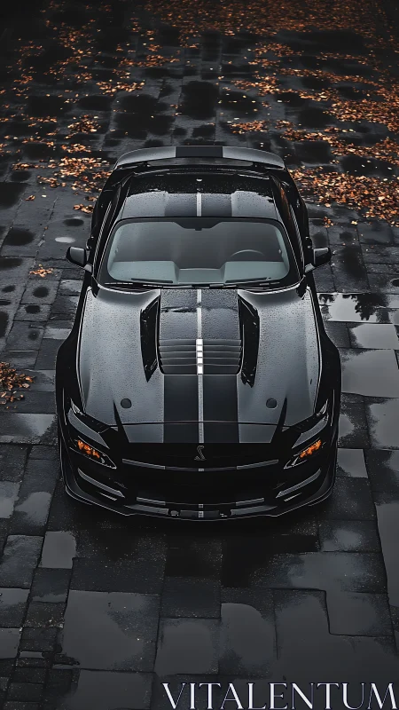 Black sports car top view on wet pavement with autumn leaves.