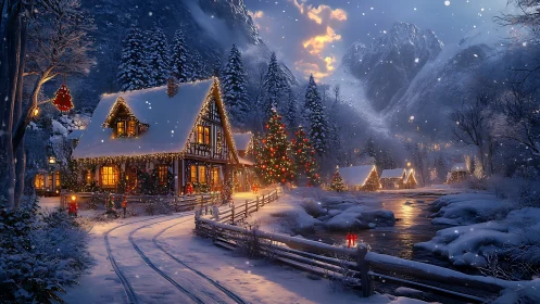 Snowy mountain village strings starlight across Christmas eve