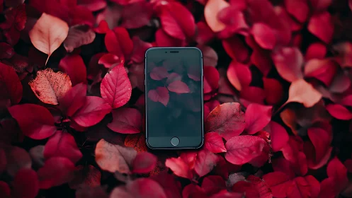 Smartphone resting on crimson foliage captures reflective symmetry