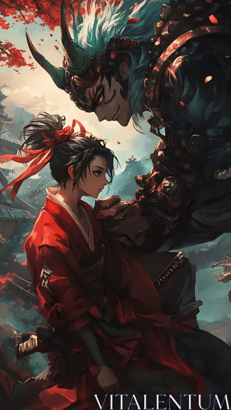 Samurai apprentice confronting armored oni in stormlit shrine.