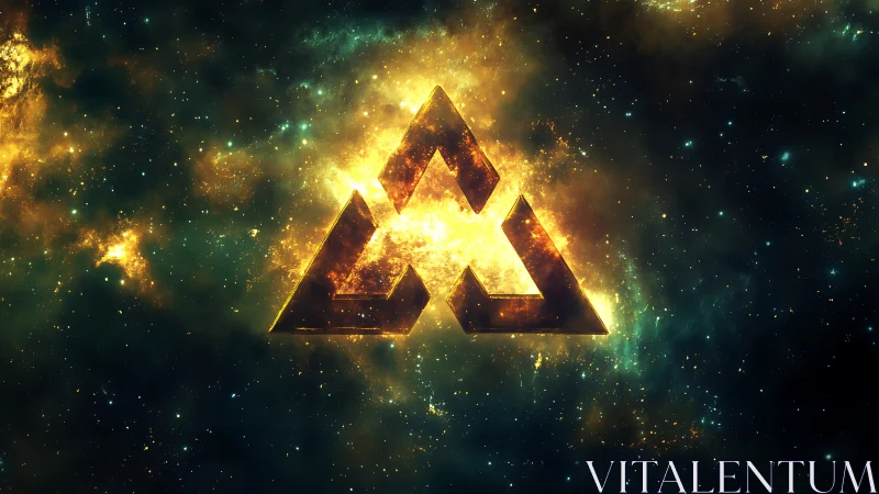 Glowing geometric emblem drifts in a bright cosmic nebula