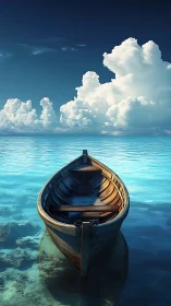 Solitary wooden rowboat rests on crystal-clear azure sea.