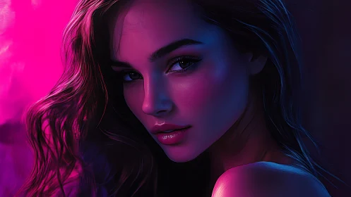 Digital portrait of woman in neon pink and blue light.