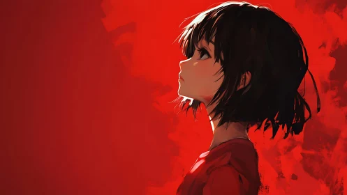 Thoughtful girl in red pausing in a bold, dreamlike glow.