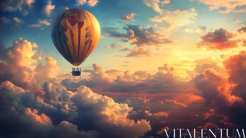 Hot air balloon above dense stratocumulus at sunset.