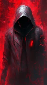 Hooded cybernetic silhouette in high-saturation red field.