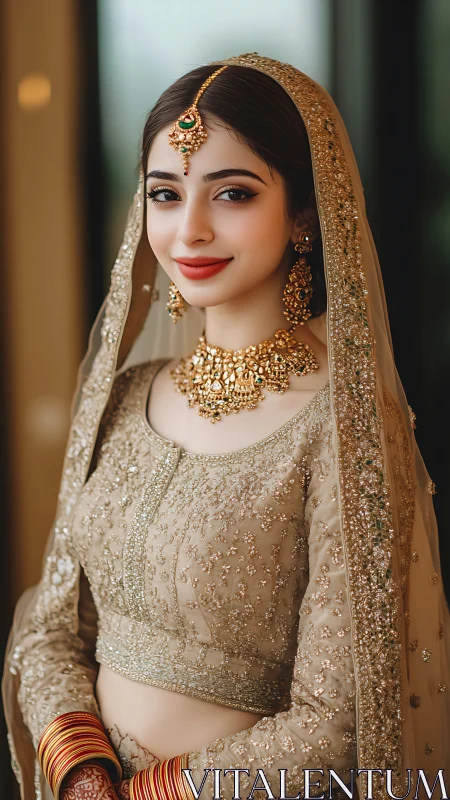 Woman in embellished bridal attire stands facing camera