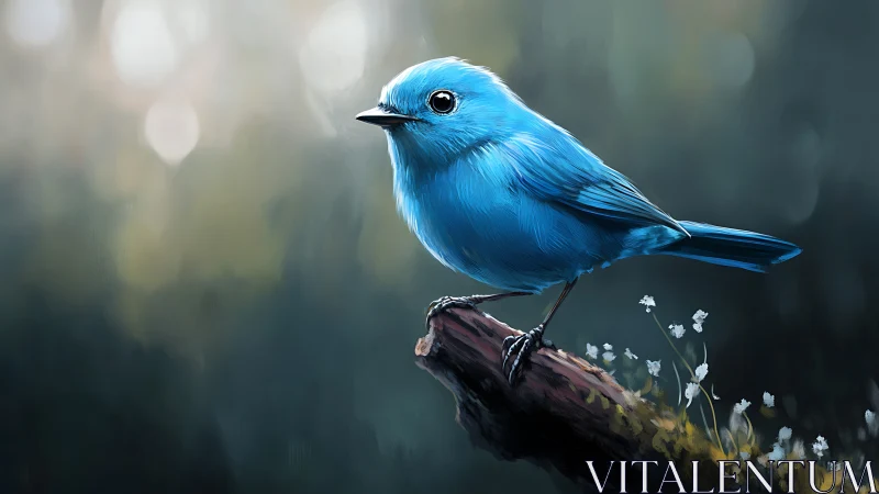 Vivid Blue Songbird on Branch in Softly Lit Digital Painting.