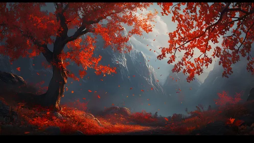 Autumn valley rendered with volumetric light and high dynamic contrast