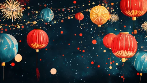 Colorful lanterns hang against dark sky with fireworks