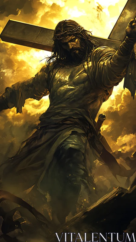 Crucifixion figure in high-dynamic chiaroscuro stormfield.