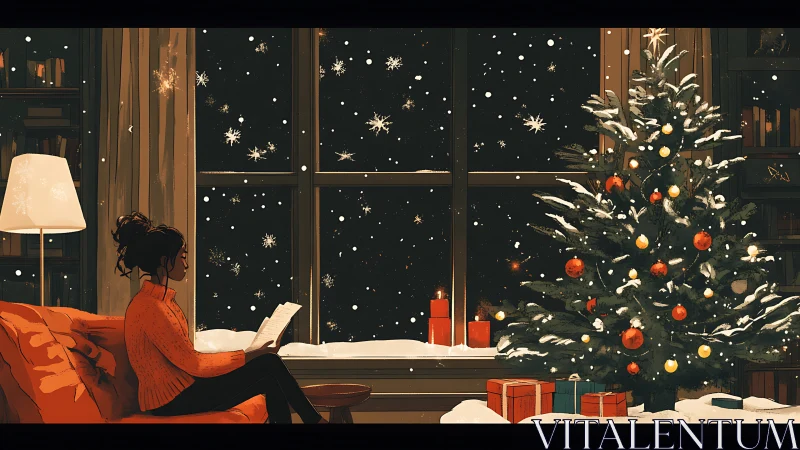 Digital painting of cozy Christmas reading nook interior scene.