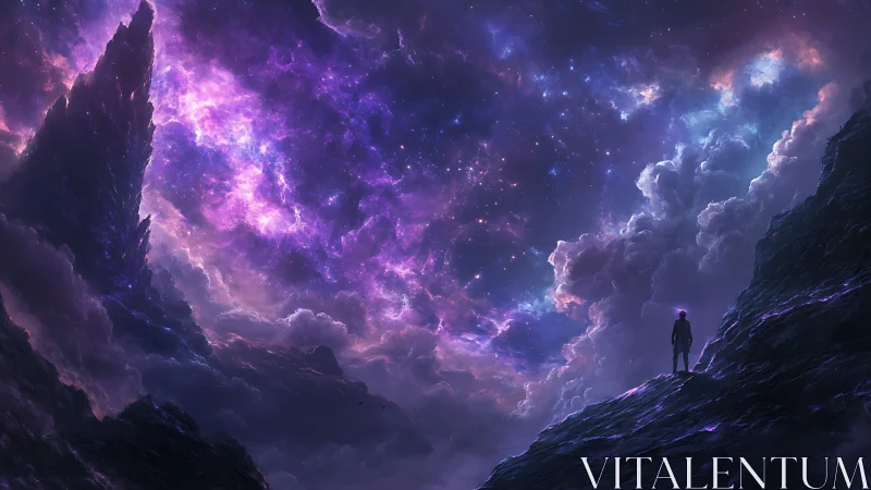 Silhouette observes luminous purple nebula over rocky cliffs