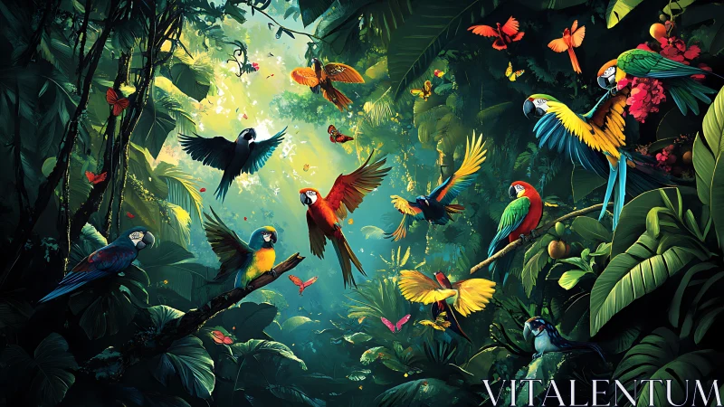 Parrot chorus ignites a sunlit jungle cathedral of color.