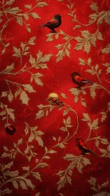 Scarlet songbirds amid ornate golden holly branches.
