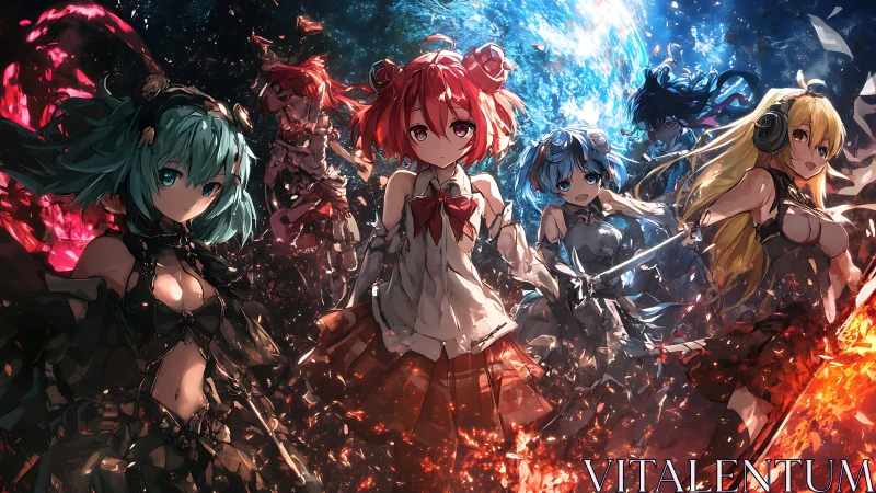 Elemental anime warriors clash amid cosmic firestorm.