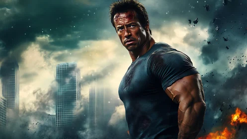 Battle-scarred powerhouse guards a crumbling city skyline.