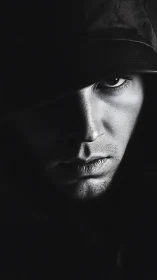 Low key portrait of hooded man in deep side shadow.