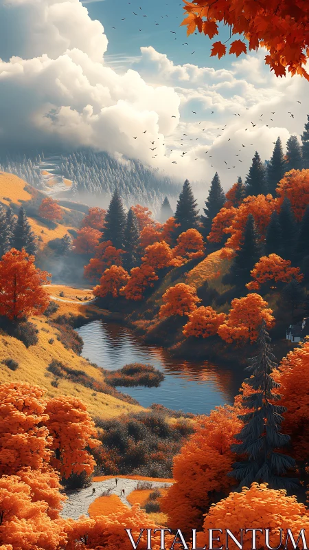 Crimson river valley under wandering autumn clouds.