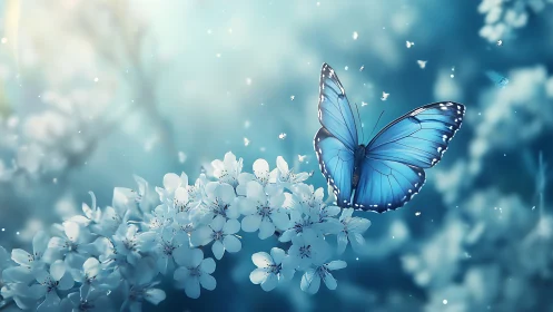 Blue butterfly rests on spring blossoms in dreamy light
