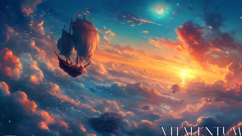 Skyborne galleon chasing twin suns across painted clouds.