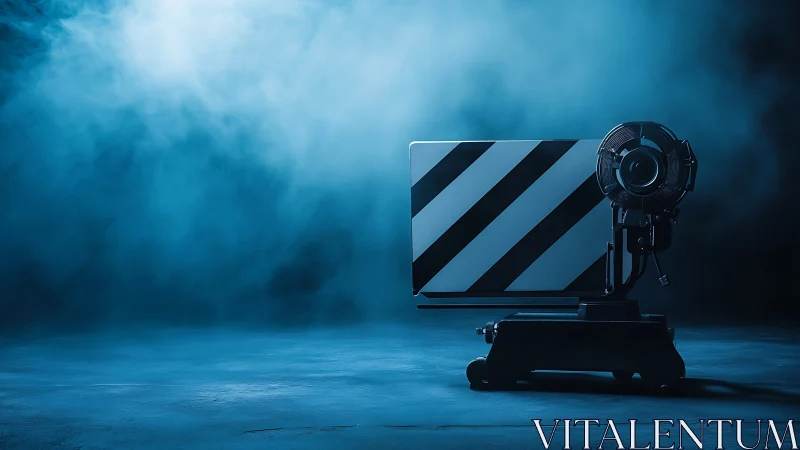 Studio cine fan with striped flag in atmospheric blue haze.