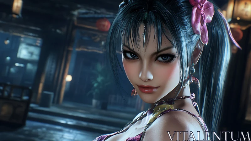 Warrior woman portrait under cool cinematic lantern glow.