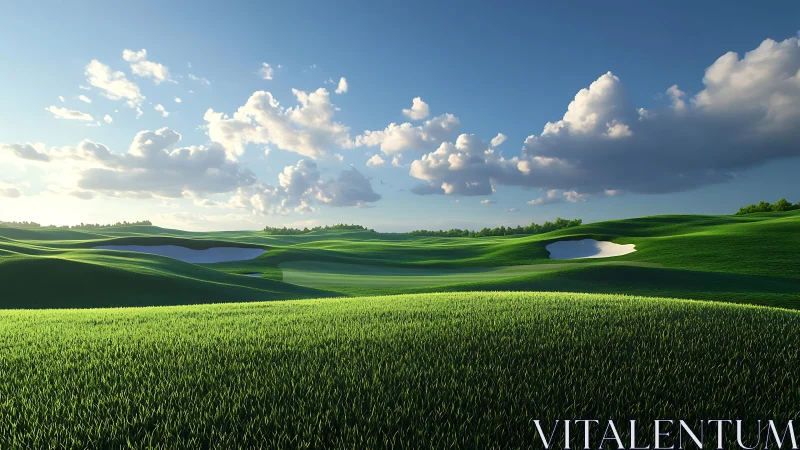 Sunlit golf fairway with rolling greens and sand bunkers.