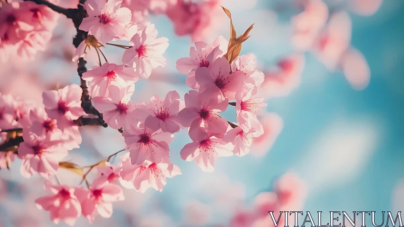 Pink Cherry Blossoms on Branches Against Blue Sky