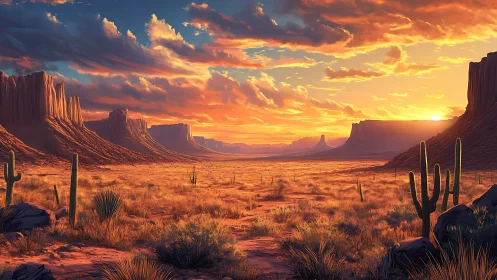 Sunlit desert canyon opens beneath a blazing, painted sky