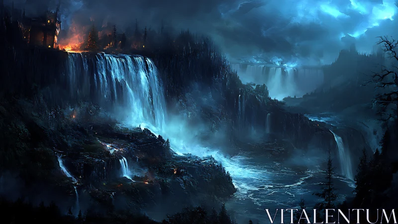 Storm-lit fantasy canyon with cascading glacial waterfalls