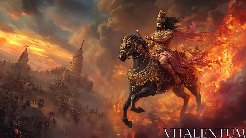 Fiery warlord rides dusk skies above burning temples.