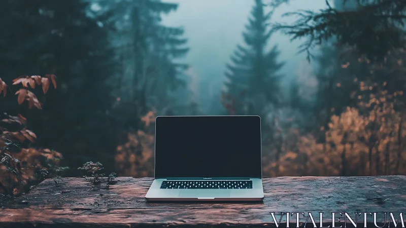 Laptop computer on weathered wooden surface in forest setting.