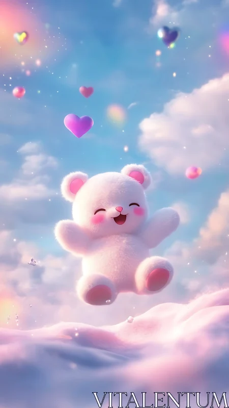 Fluffy white bear floats joyfully among pastel heart clouds
