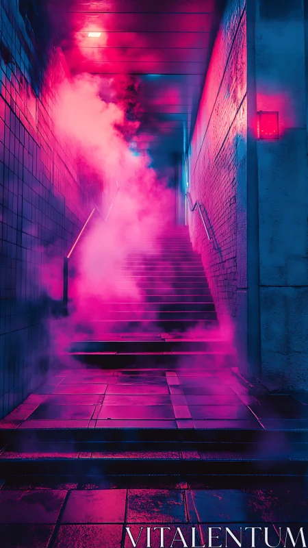 Neon fog saturates tiled stairwell corridor with intense magenta-blue contrast