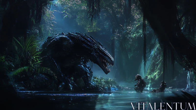 Colossal swamp dragon confronts intruders in eerie moonlit mist