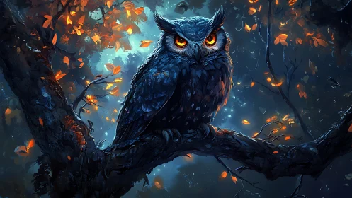 Owl with glowing orange eyes perched on tree at night