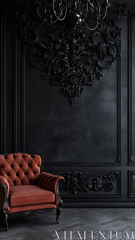 Red velvet armchair in dark ornate classical interior.