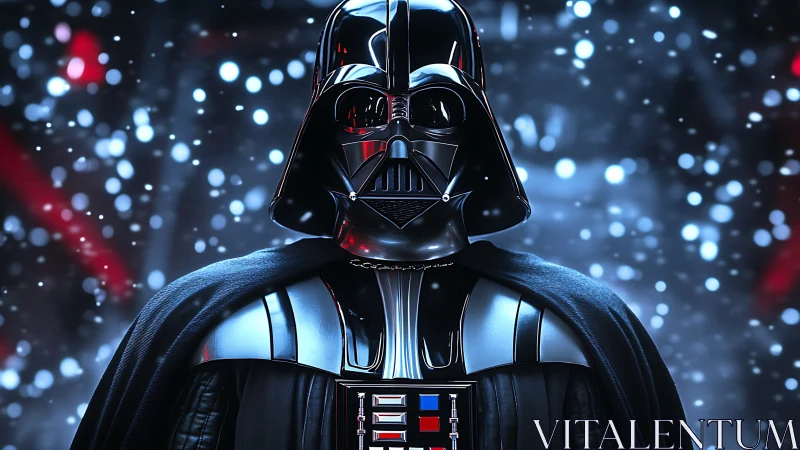 Dark armored figure under cold cinematic bokeh lighting.