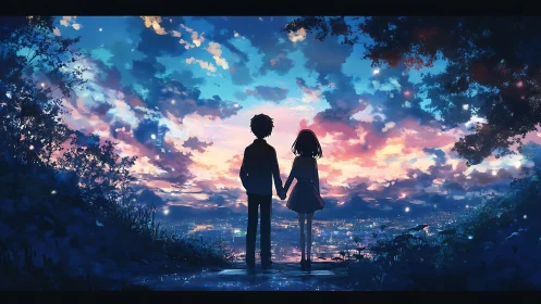 Backlit silhouettes observe saturated twilight skyline gradients