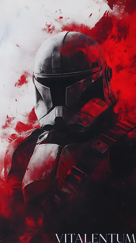 Armored sci‑fi helmet rendered against red and white field