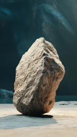 Large weathered rock standing upright on a sandy floor.