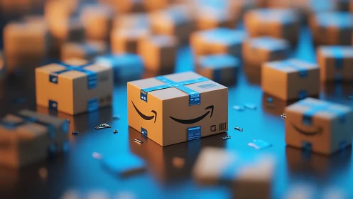 3D render shows branded shipping box among many parcels.