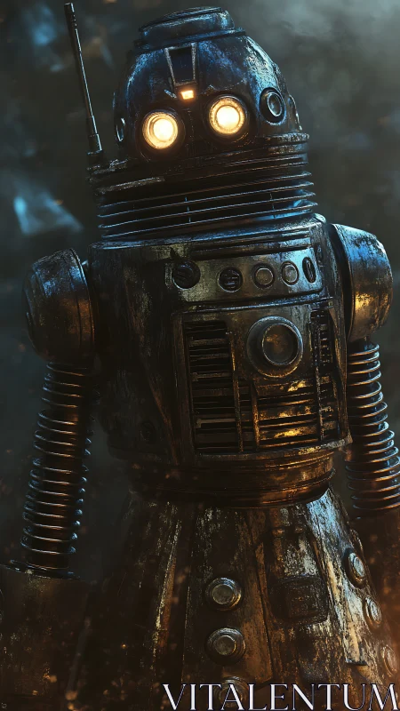 Rusty cylindrical robot stands in smoky, dim environment