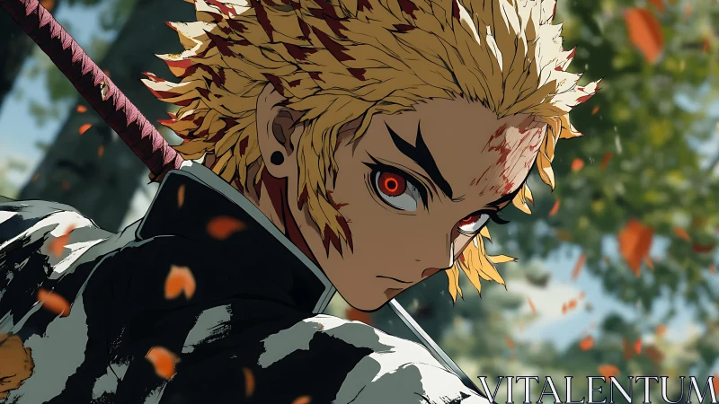 Anime swordsman with bloodied face rotates toward viewer