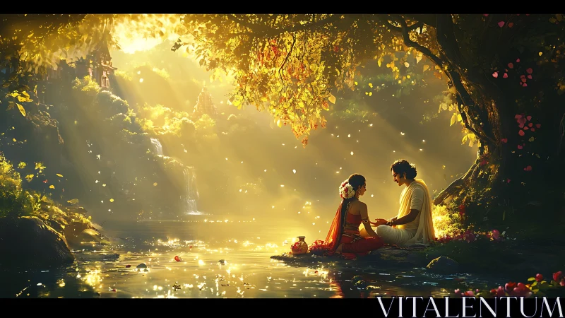 Two Souls Share a Magical Moment by Golden Waterfalls