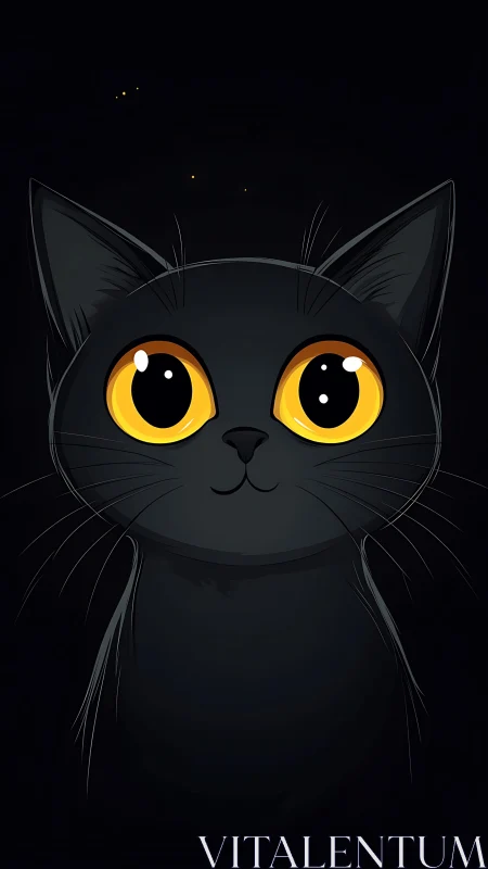 Black feline with yellow eyes against dark background.