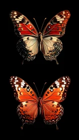 Two detailed orange butterflies on black background.
