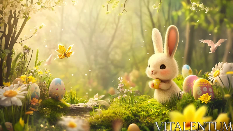 Cute bunny holding Easter egg in glowing spring forest.