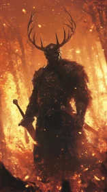 Armored antlered figure stands in high-contrast burning forest